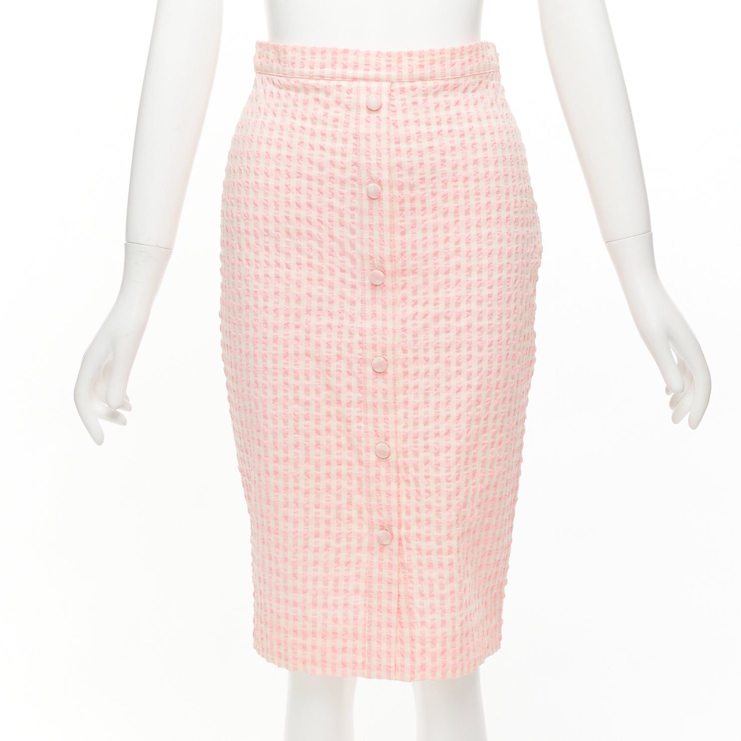 image of Altuzarra Pink White Gingham Fabric Button Front Midi Pencil Skirt Fr36 S, Women's (Size 27)