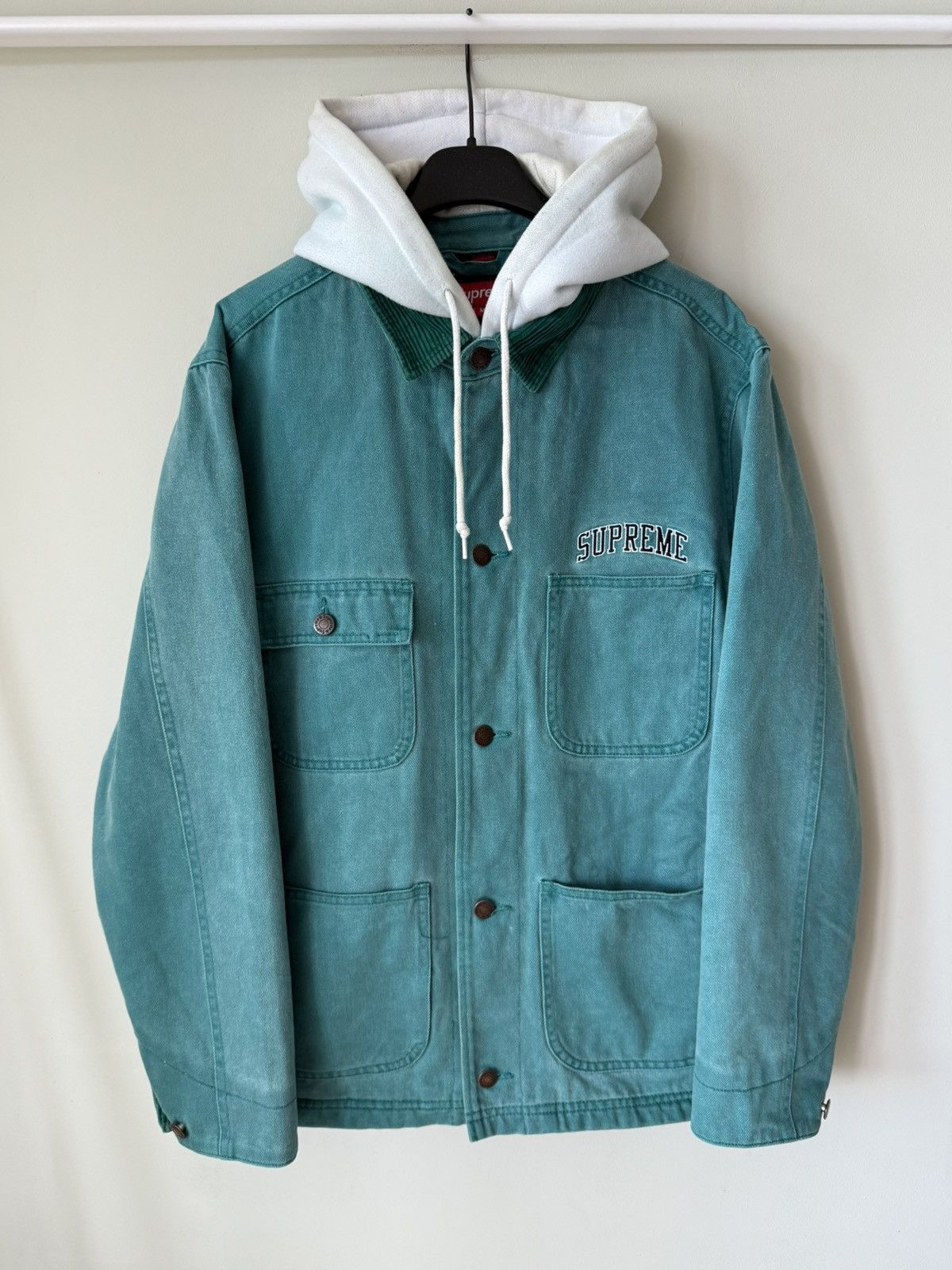 Supreme Worn Hooded Chore Coat Black Natural Brown Denim