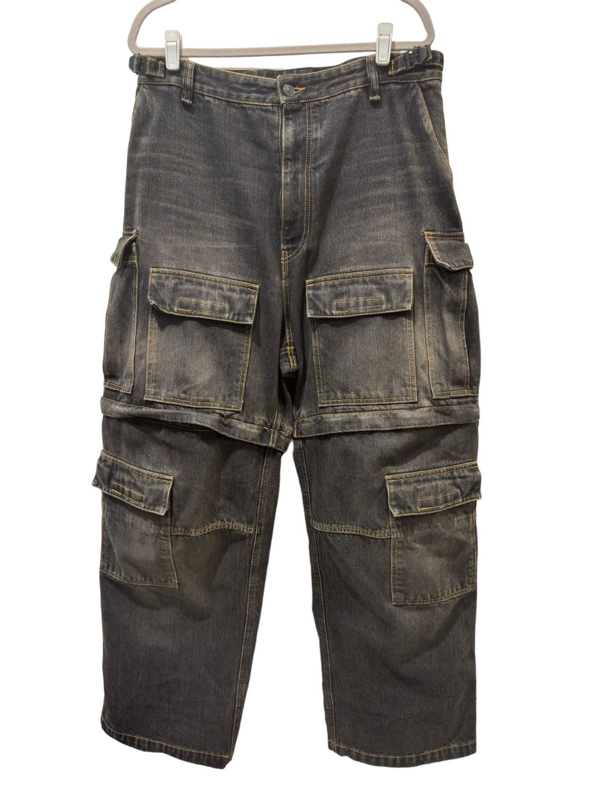 Image of Ss24 Balenciaga Japanese Denim Cargo Pants in Wash Black Denim, Men's (Size 34)