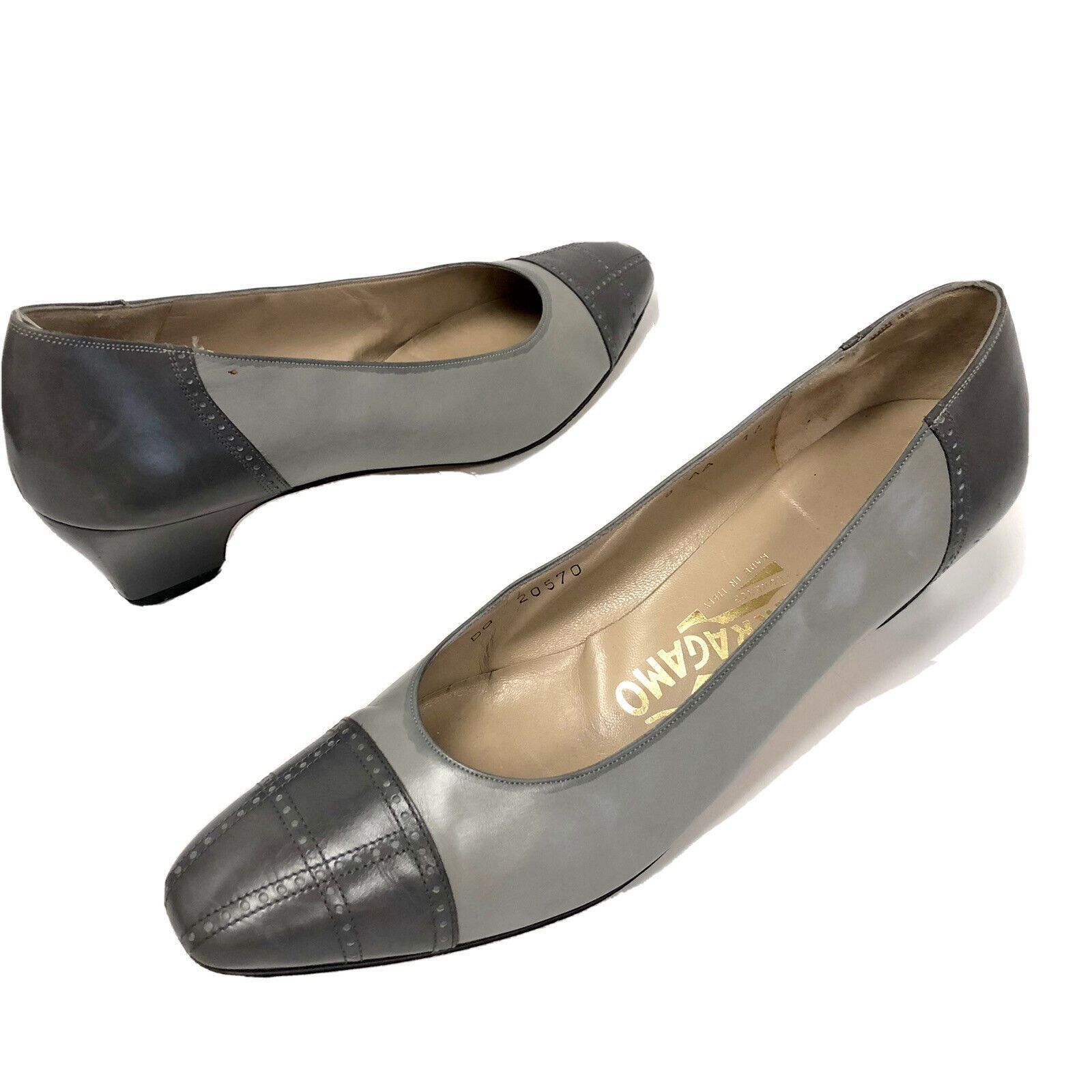 Salvatore Ferragamo Vtg Salvatore Ferragamo Italy Gray Leather CAP TOE Pumps Size US 8 / IT 38 - 2 Thumbnail