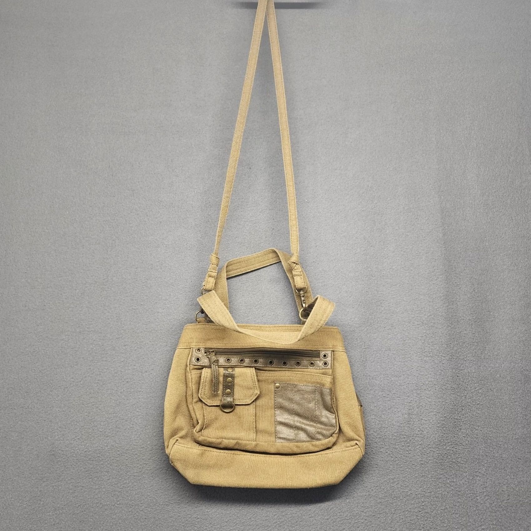 Vintage Khaki Canvas Crossbody Purse Studded Multi Pocket Shoulder Bag Utility Crossbody Women Tan Zip Bag Size ONE SIZE - 4 Thumbnail