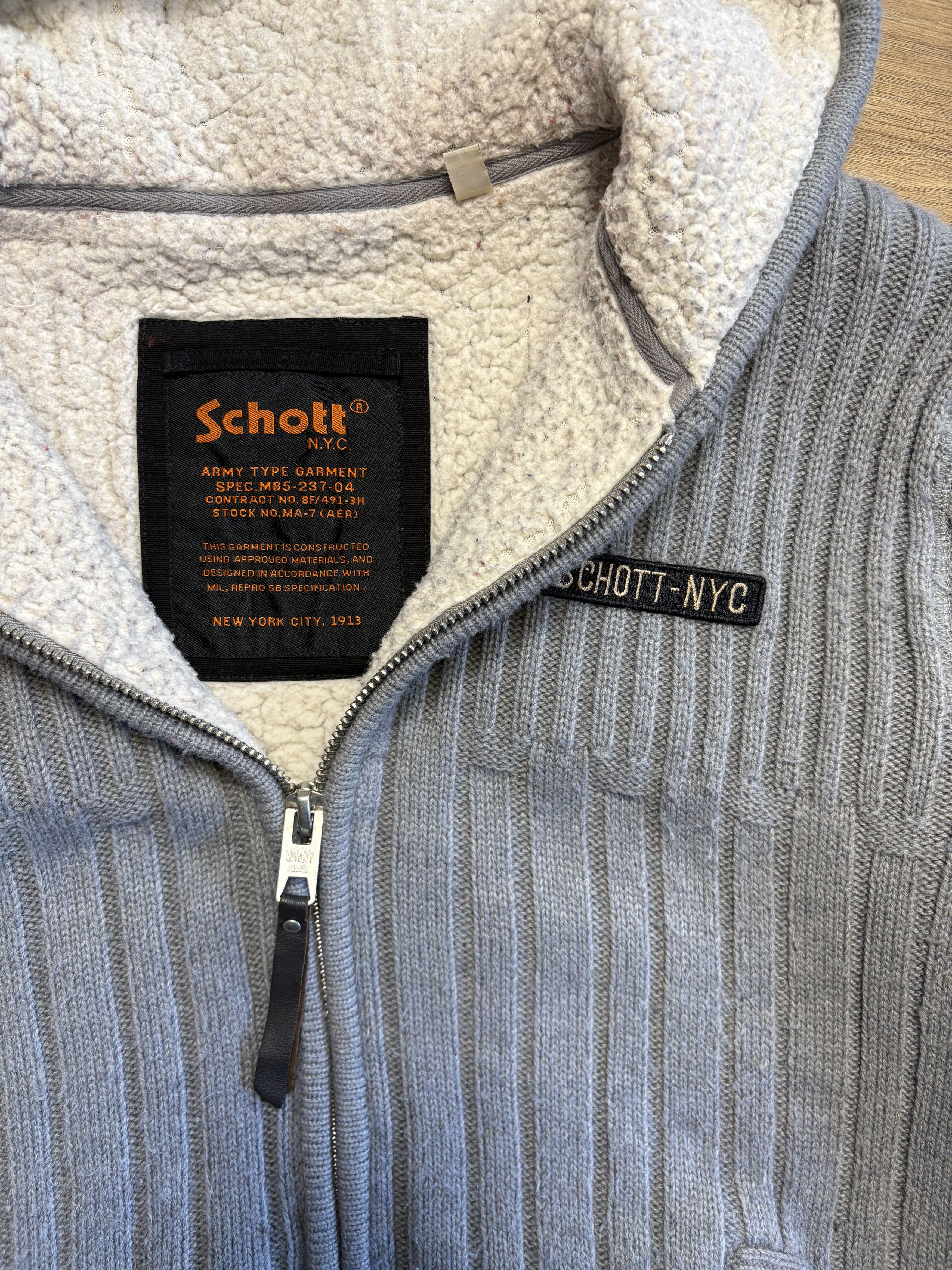 Schott Schott NYC 90s Sherpa Lined Grey Knit Hoodie (M) Size US M / EU 48-50 / 2 - 3 Thumbnail