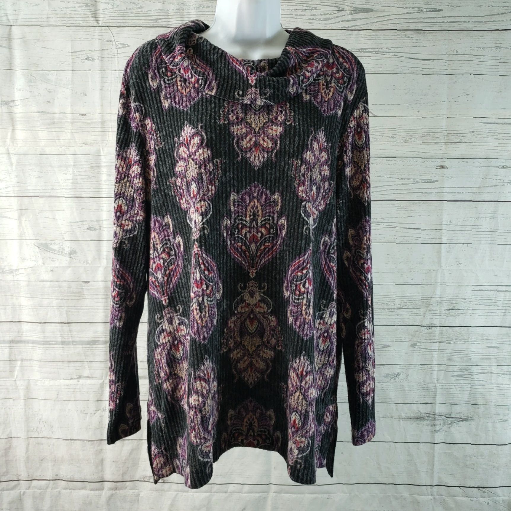 Vintage Chicos Zenergy Womens Blouse Shirt long sleeve L Gray Purple Ribbed Cowl Neck Pullover Size L / US 10 / IT 46 - 2 Thumbnail