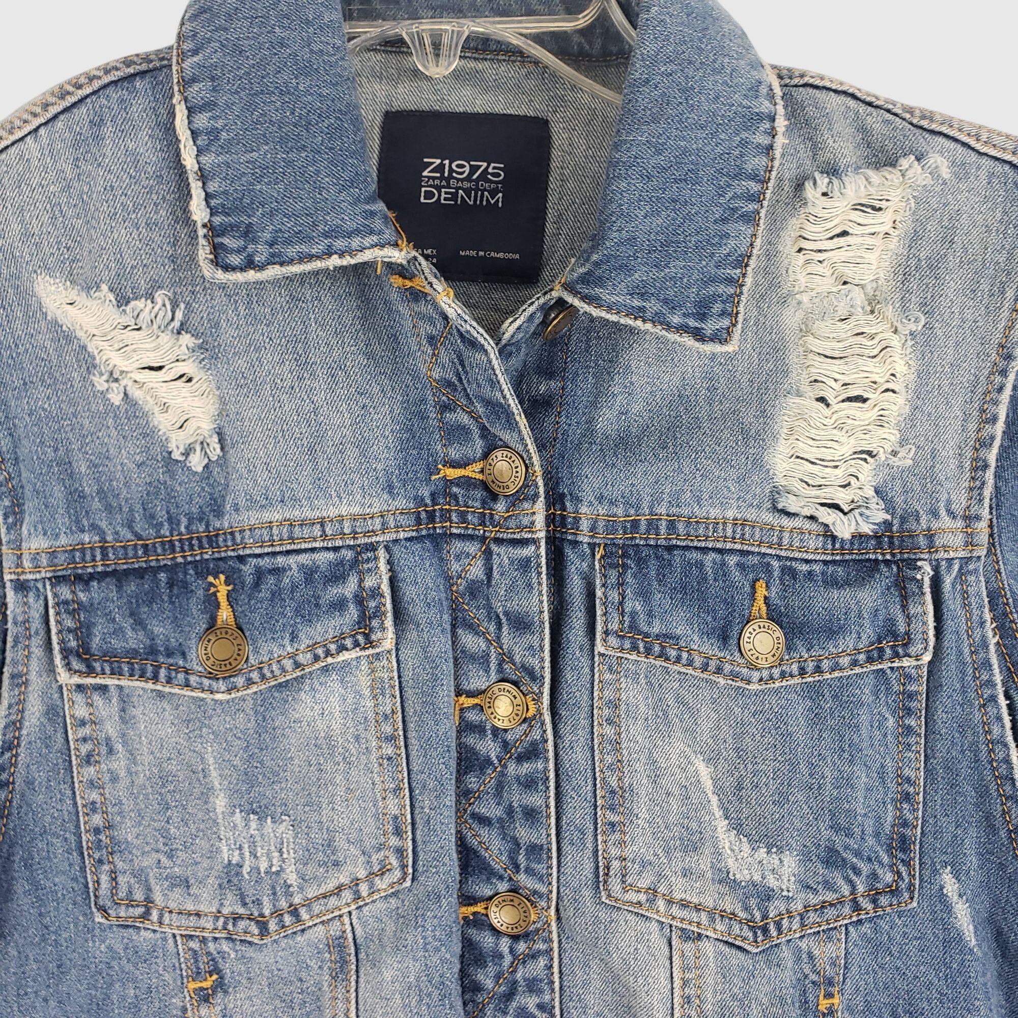 Zara ZARA Distressed Denim Jacket With Frayed Hem & Rips Womens X Size XS / US 0-2 / IT 36-38 - 7 Thumbnail