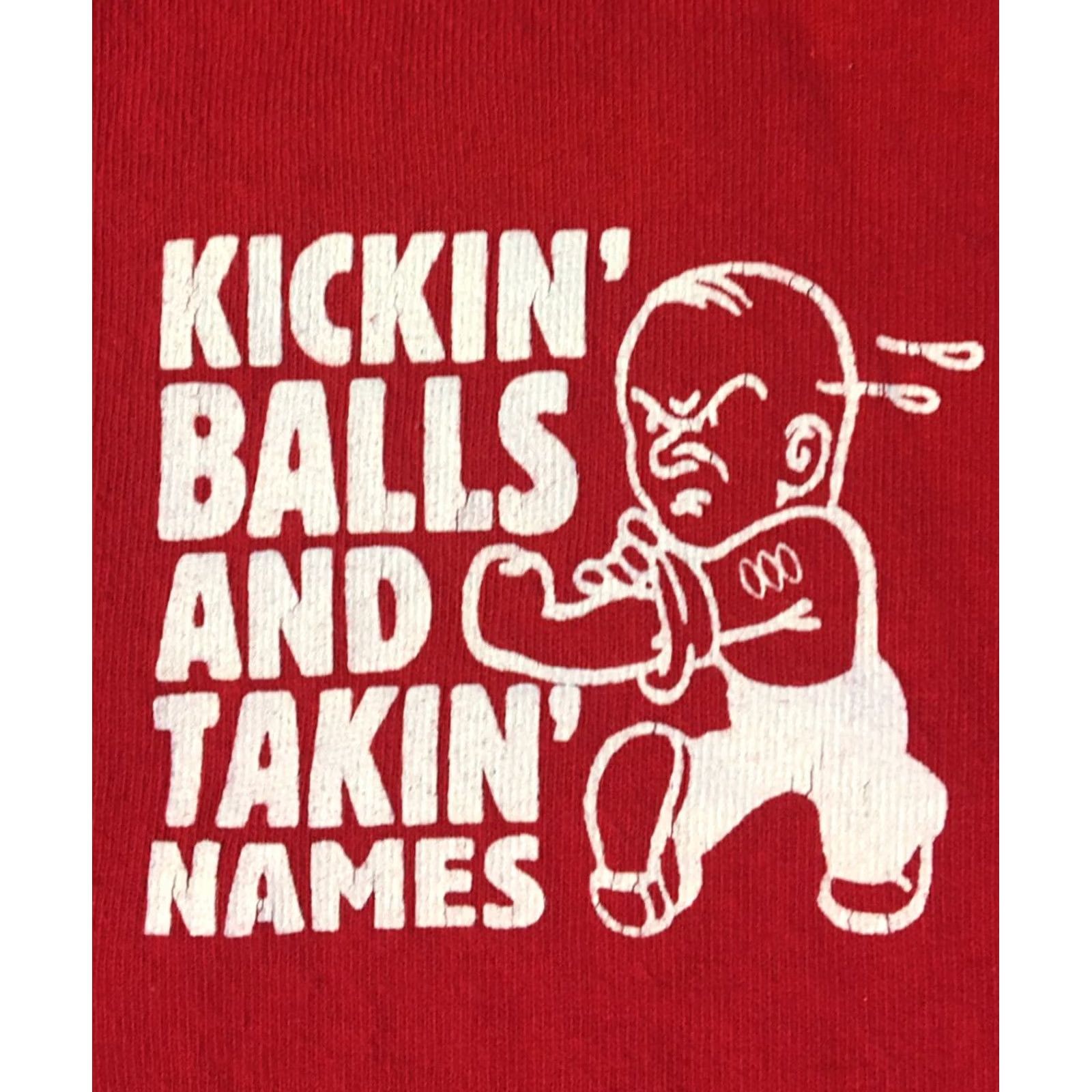Vintage VINTAGE Kickin’ Balls & Takin’ Names Henley Shirt XL Red Mens T-Shirt 90s Grunge Funny Humor USA Bar Football Subculture Size US XL / EU 56 / 4 - 2 Thumbnail