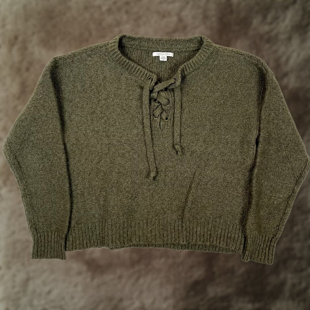 Vintage American Eagle Sweater Womens M Green Lace Up Neck Soft Pullover Chunky Knit Size M / US 6-8 / IT 42-44 - 1 Thumbnail