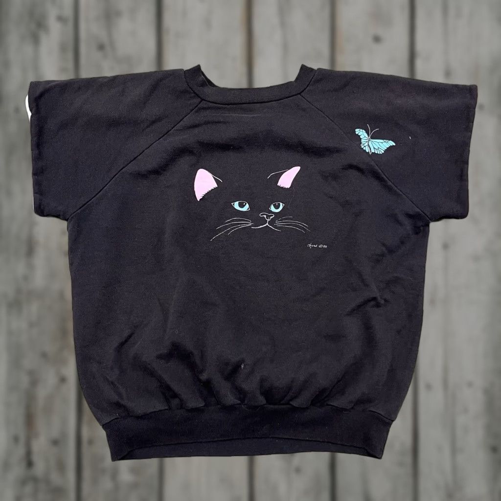 VINTAGE Cat Sweatshirt Womens Large Black Short Sleeve Kitten 80s 90s