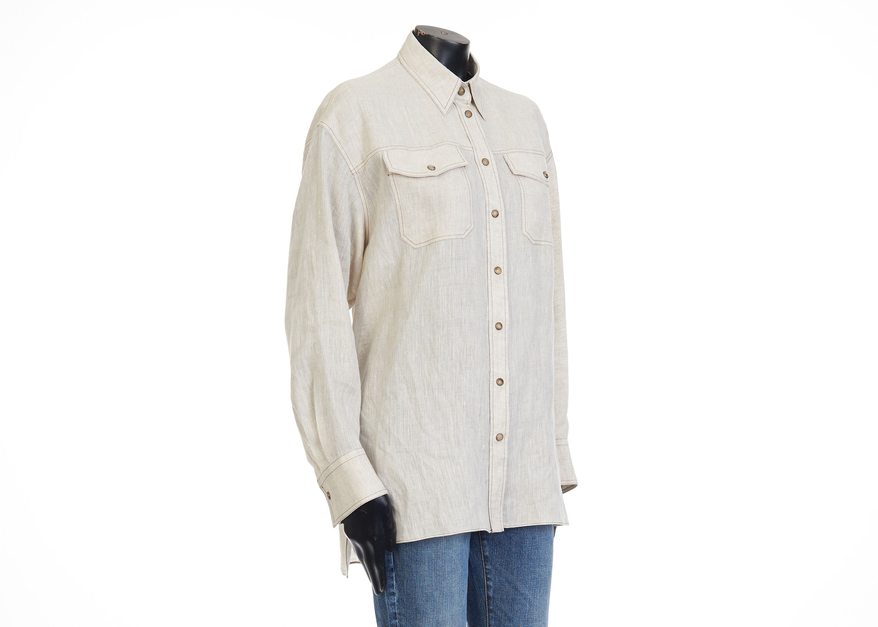 Brunello Cucinelli Lightweight Linen Shirt With Snap Buttons & Shiny Tab Size S / US 4 / IT 40 - 3 Thumbnail