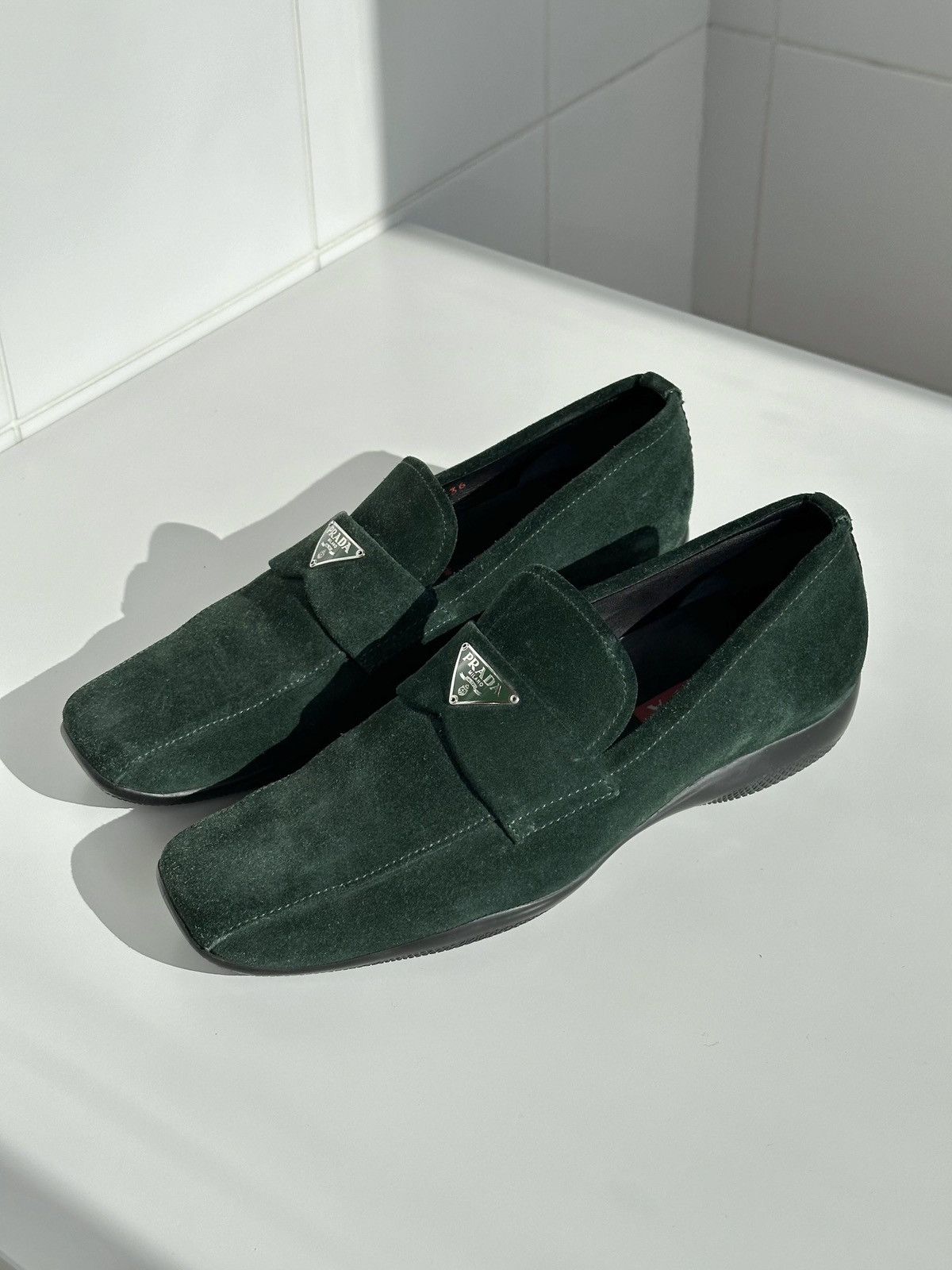 Prada PRADA Green Suede Triangle Logo Square Toe Loafers Slip One Size US 6 / IT 36 - 2 Thumbnail
