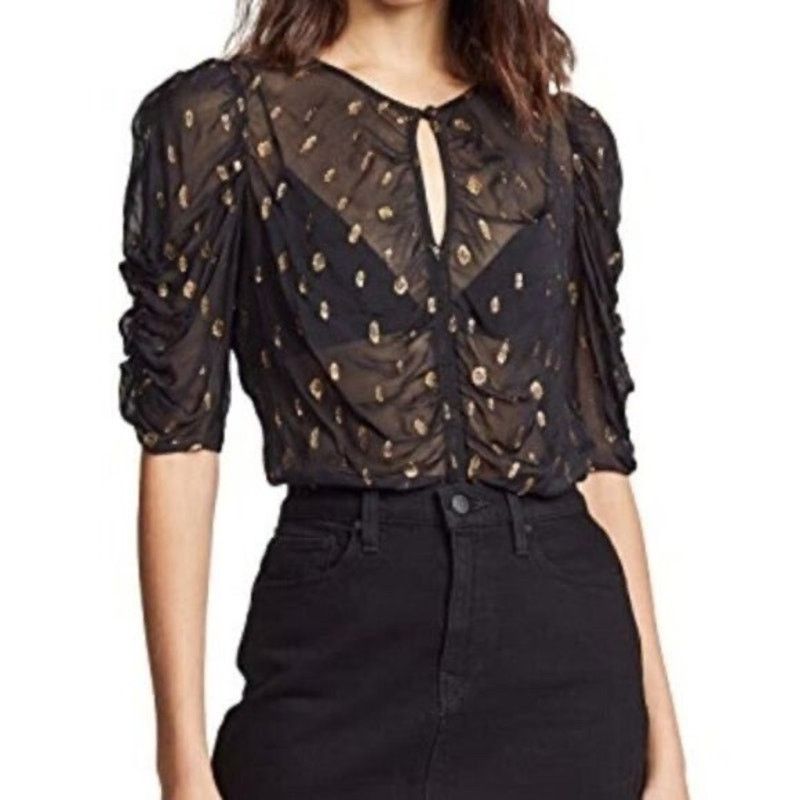 Frame FRAME $363 BLACK SHIRRED METALLIC JACQUARD KEYHOLE TOP S Size S / US 4 / IT 40 - 1 Thumbnail