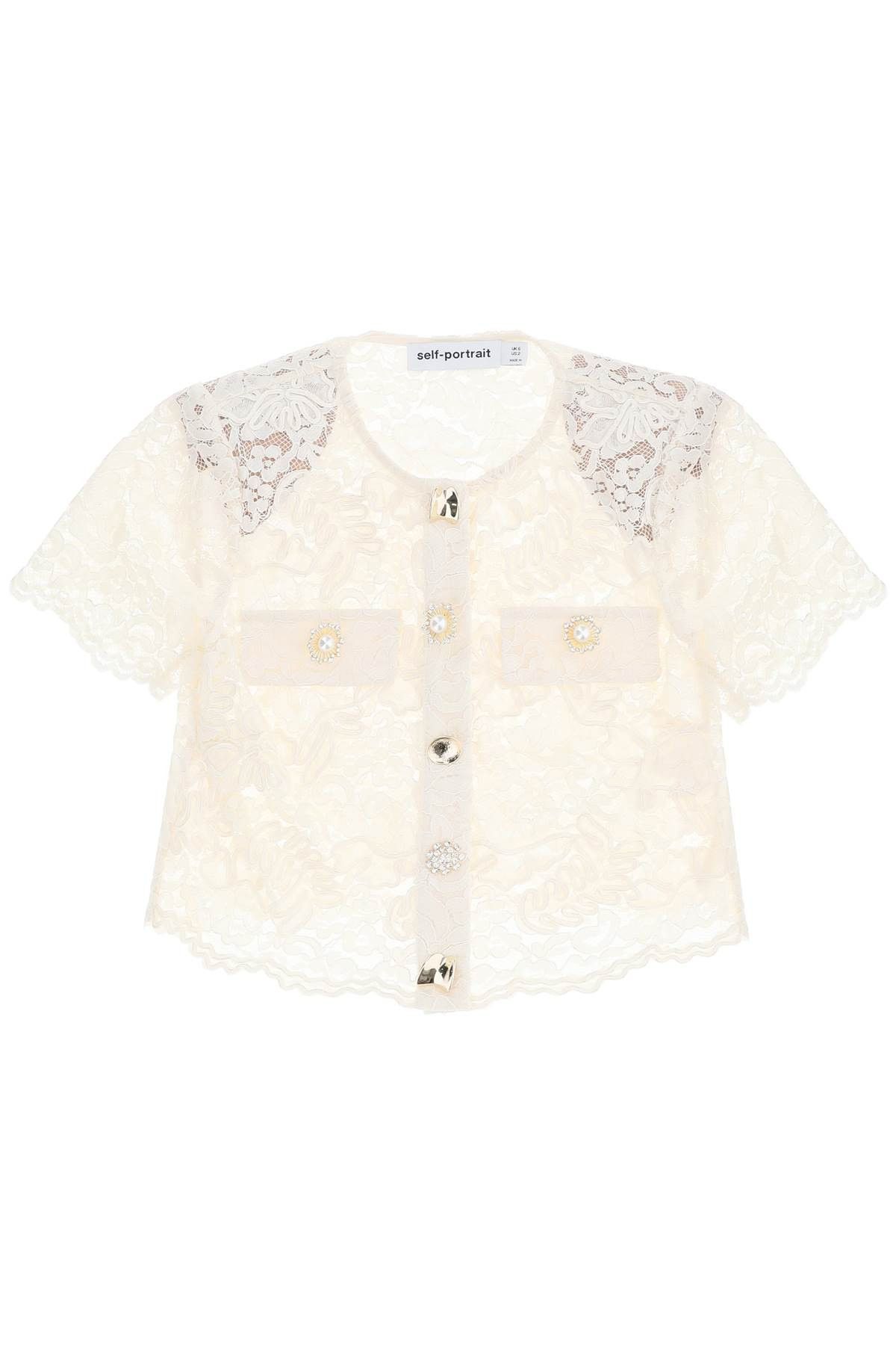 image of Self Portrait Lace Cropped Top With Diamantã Buttons in Bianco, Women's (Size Medium)