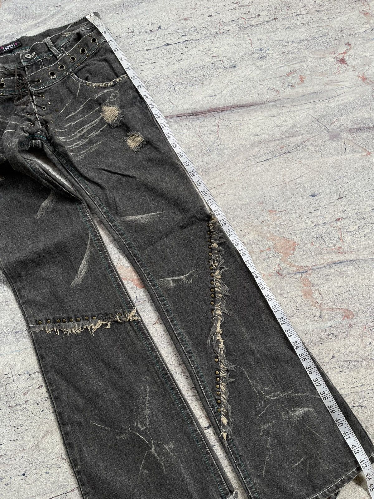 Tornado Mart Distressed Lowbox Double Waist Lace Up Flared Jeans Size US 30 / EU 46 - 13 Thumbnail