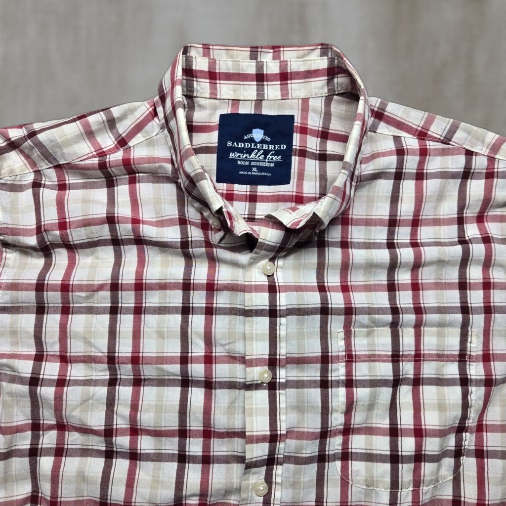 Born Saddlebred Shirt Men XL Tan Red Plaid Wrinkle Free Long Sleeve Button-Up Multicolor Casual Western Southern Vacation Size US XL / EU 56 / 4 - 1 Thumbnail
