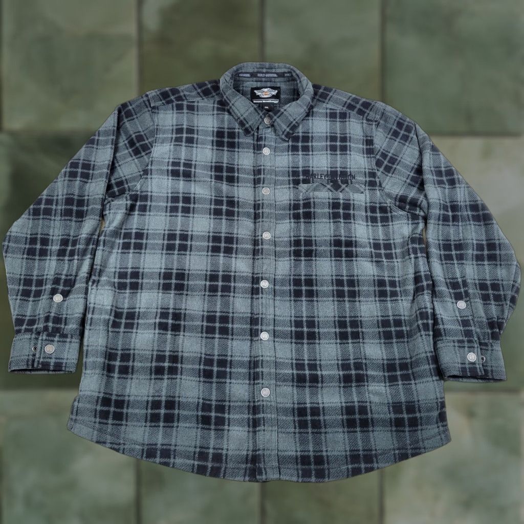 Harley Davidson Harley-Davidson Shacket Mens 2XL Plaid Gray Black Fleece Snap Shirt Jacket Shacket Size US XXL / EU 58 / 5 - 1 Thumbnail