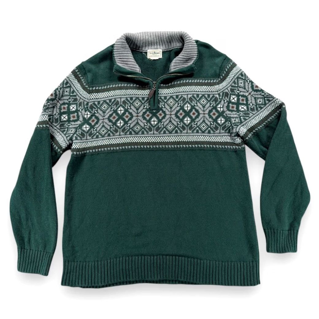 Vintage LL Bean Sweater Adult MEDIUM Green Gray Quarter Zip Fair Isle Nordic Cotton Y2K Size US M / EU 48-50 / 2 - 2 Thumbnail