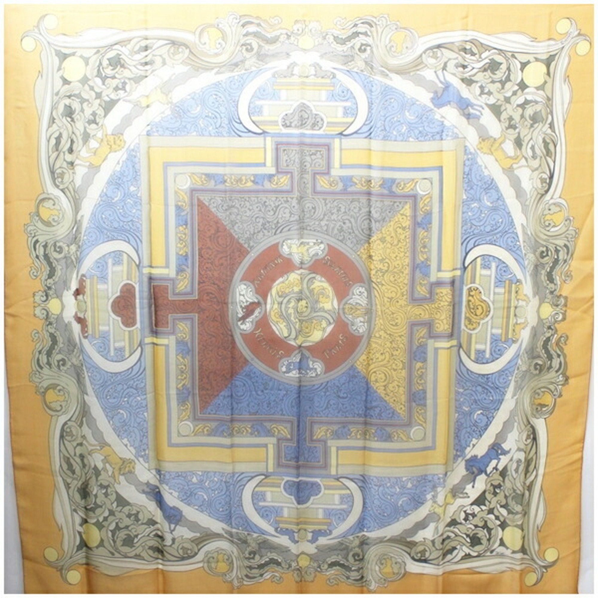 image of Hermes Large Scarf Muffler Stole Silk Orange X Brown Ladies in Blue, Women's