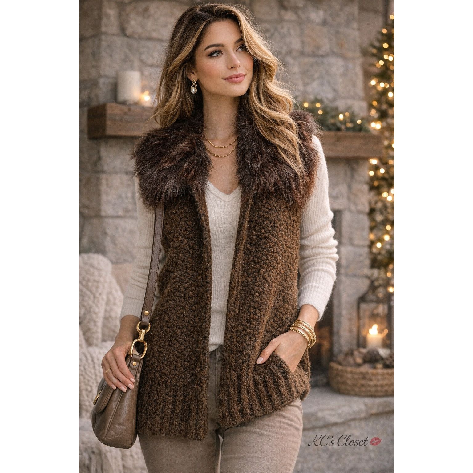 Loft LOFT Brown Bouclé Knit Sweater Vest w/ Faux Fur Trim Collar Size S / US 4 / IT 40 - 1 Thumbnail