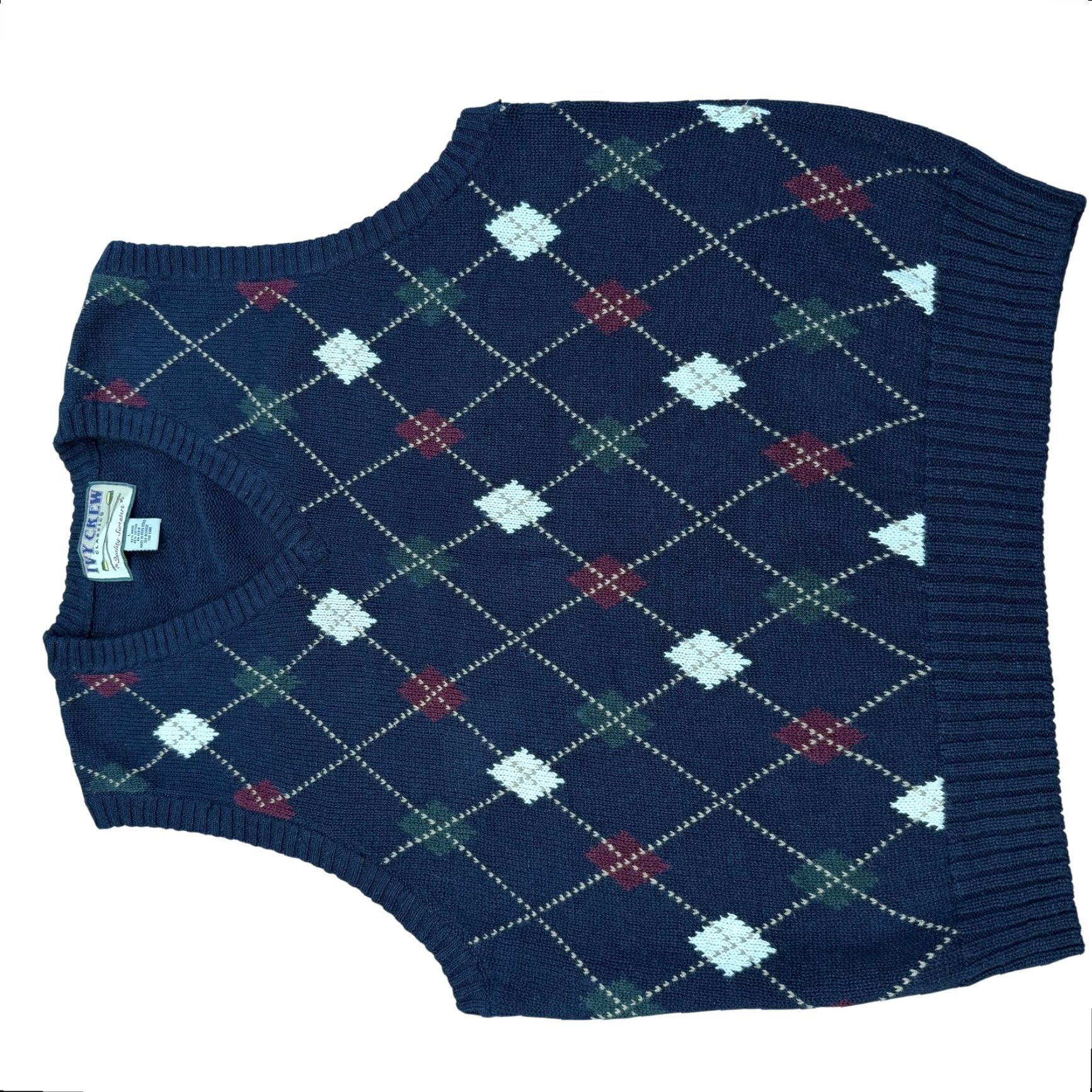 J.Crew Vintage Blue Argyle Knit Sweater Vest - Mens Large Ramie Cotton, V-Neck, Tight-Knit, 90s Preppy, Hong Kong, J.CREW, Ivy Crew, Woolless? Size US L / EU 52-54 / 3 - 2 Thumbnail