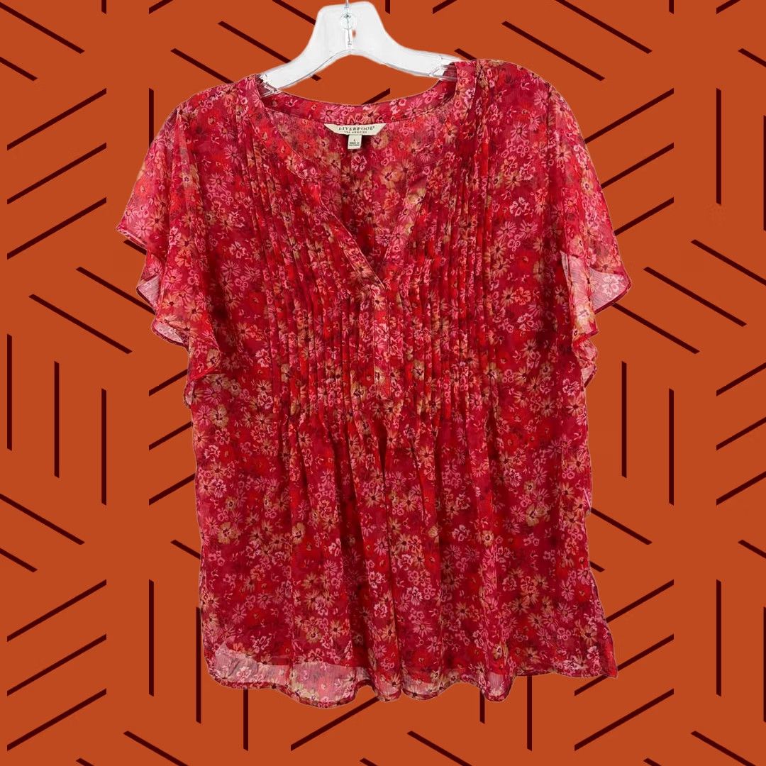 Vintage Liverpool Red Floral Blouse Large Size L / US 10 / IT 46 - 1 Thumbnail