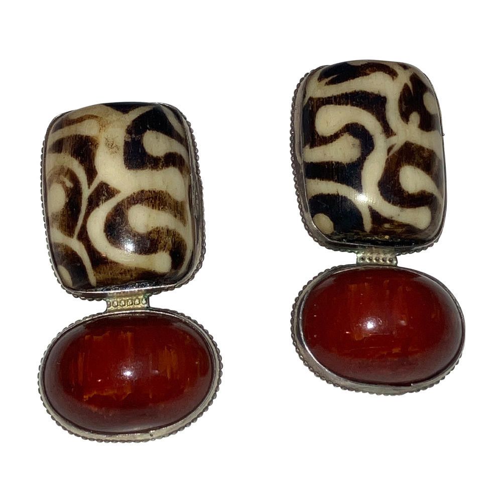 Designer Sterling Dyed Water Buffalo Bone Cherry Amber Earrings Size ONE SIZE - 2 Thumbnail