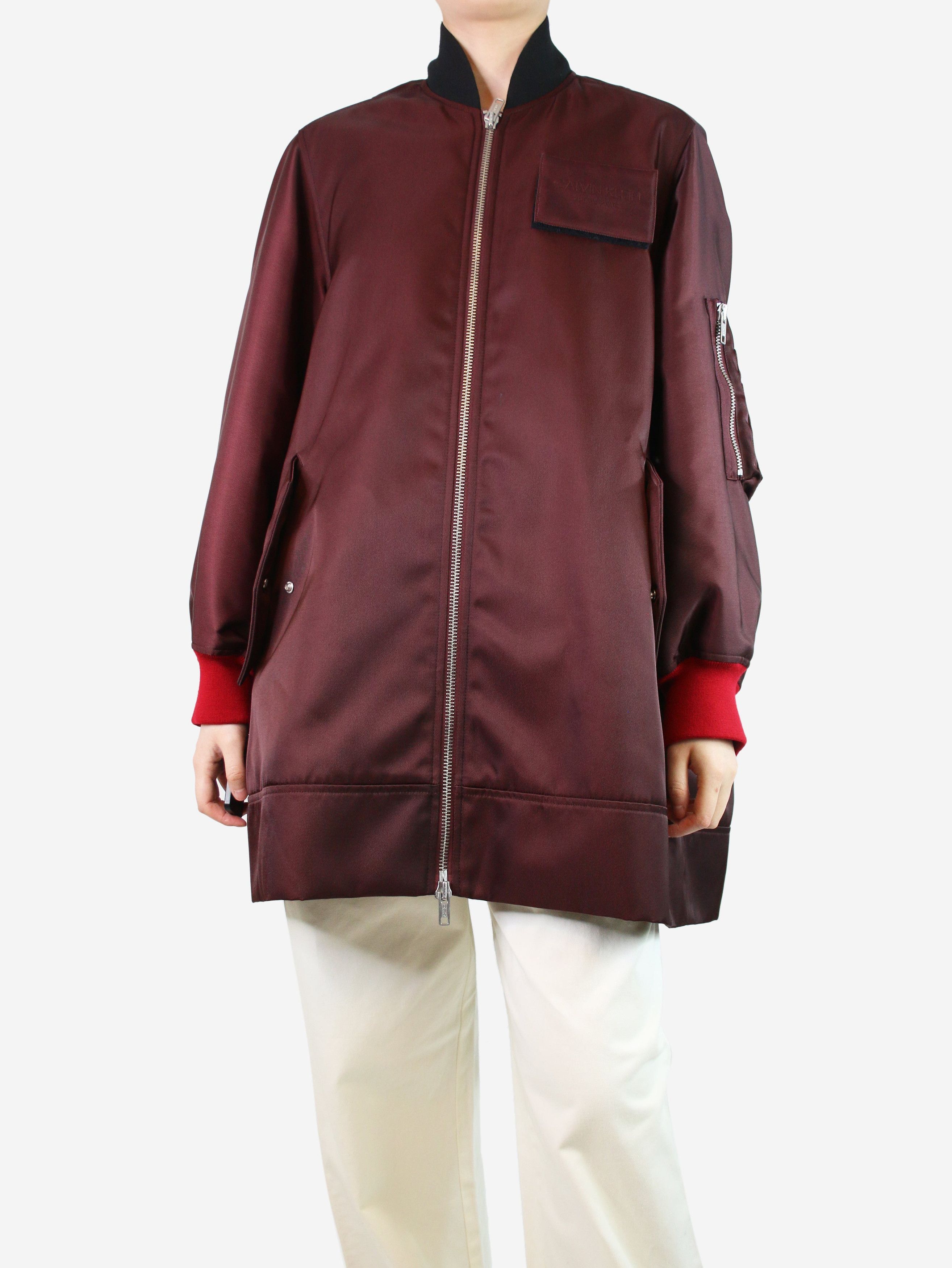 image of Calvin Klein Burgundy Nylon Satin Coat - Size Uk 6, Women's