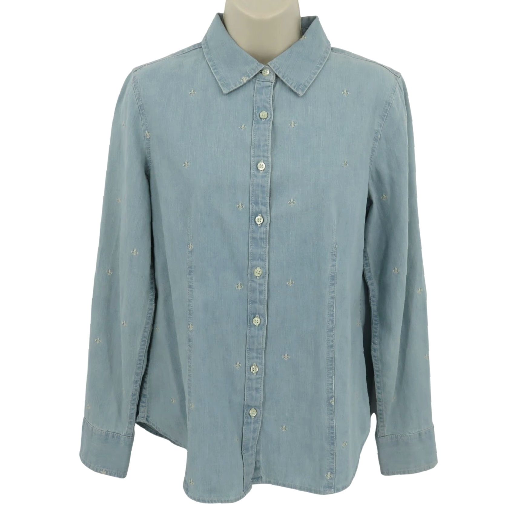 Talbots Talbots Women 6 Chambray Denim Button Shirt Embroidered Fleur De Lis Collar Top Size M / US 6-8 / IT 42-44 - 2 Thumbnail