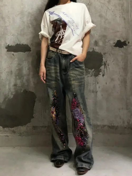 VIBE Baggy Patchwork Embellished Wide Leg Jeans Size US 30 / EU 46 - 5 Thumbnail