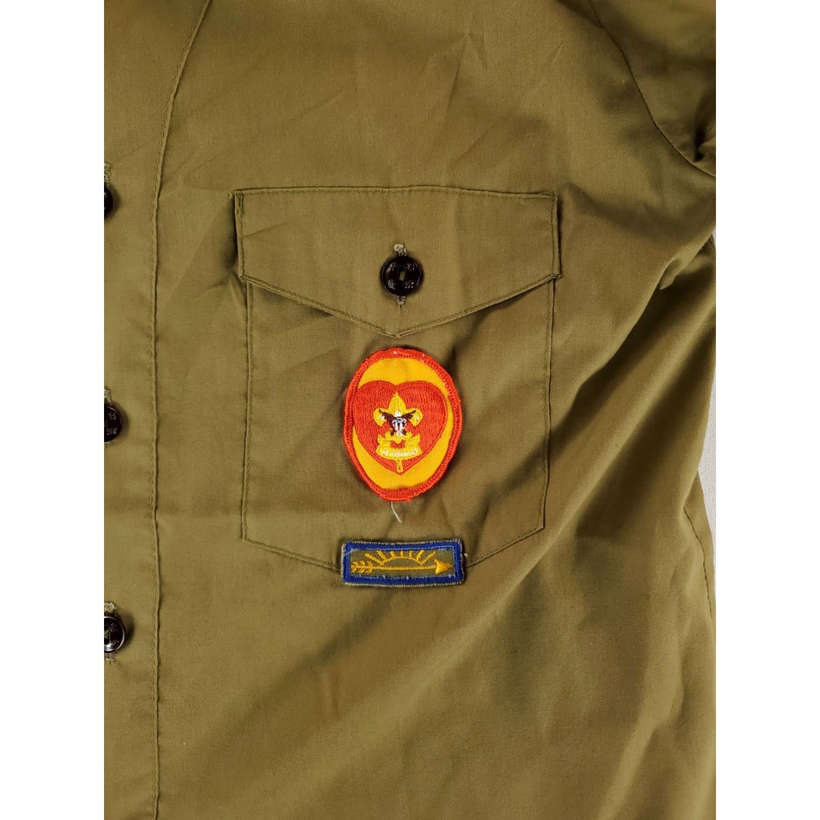 Vintage VINTAGE Boy Scouts America Shirt Short Sleeve Green Mens M 70s Coll arless Summer - Missing button stains patches sewn on Size US M / EU 48-50 / 2 - 7 Thumbnail