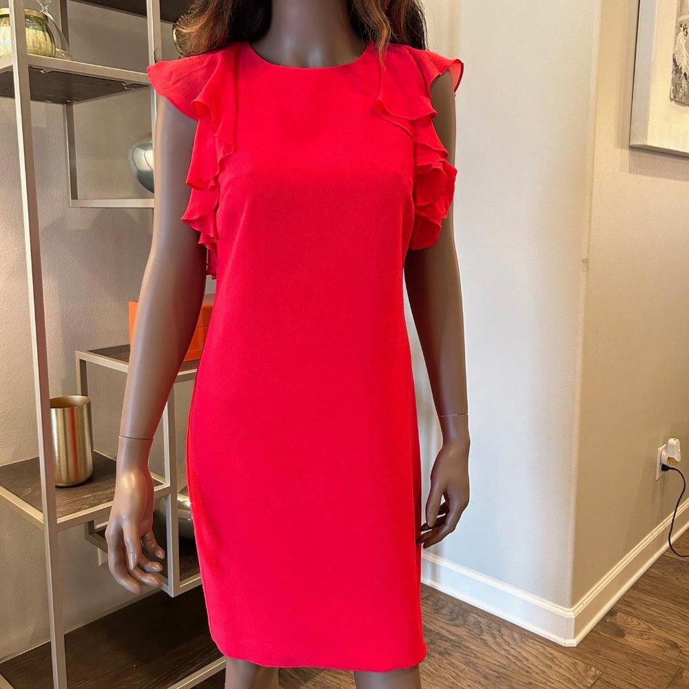 Designer Trina Turk Amanda Chiffon Ruffle Cold Shoulder Sheath Dress Size XS / US 0-2 / IT 36-38 - 1 Thumbnail