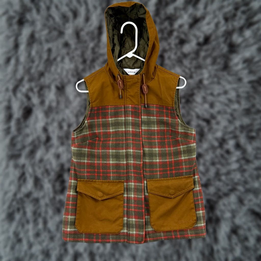 Orvis Orvis Vest Womens Small Brown Plaid Hooded Wool Zip Lined Utility Pocket Outdoor Size S / US 4 / IT 40 - 1 Thumbnail