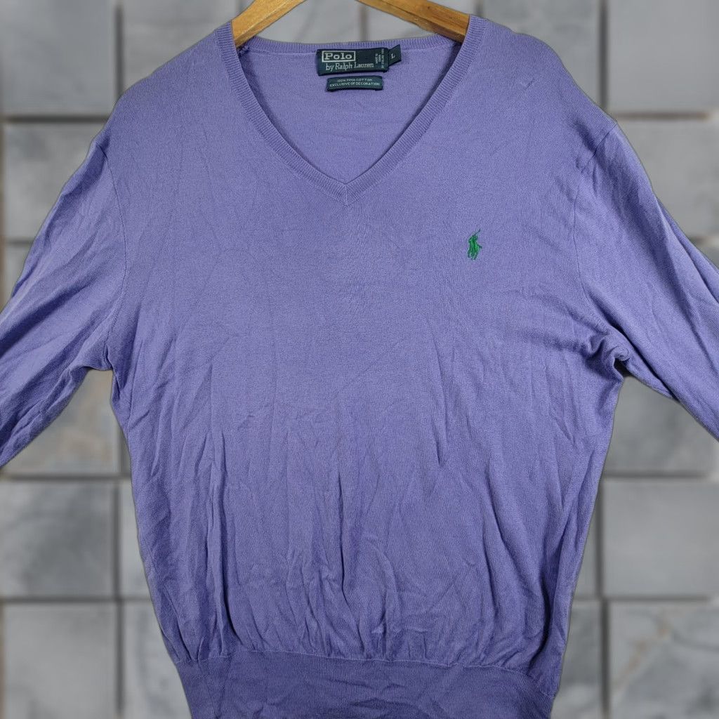 Ralph Lauren V-Neck Polo Ralph Lauren Mens Sweater L Purple Green Logo 100% Pima Cotton, Pullover, Regular Fit, Long Sleeve, Machine Washable Size US L / EU 52-54 / 3 - 1 Thumbnail