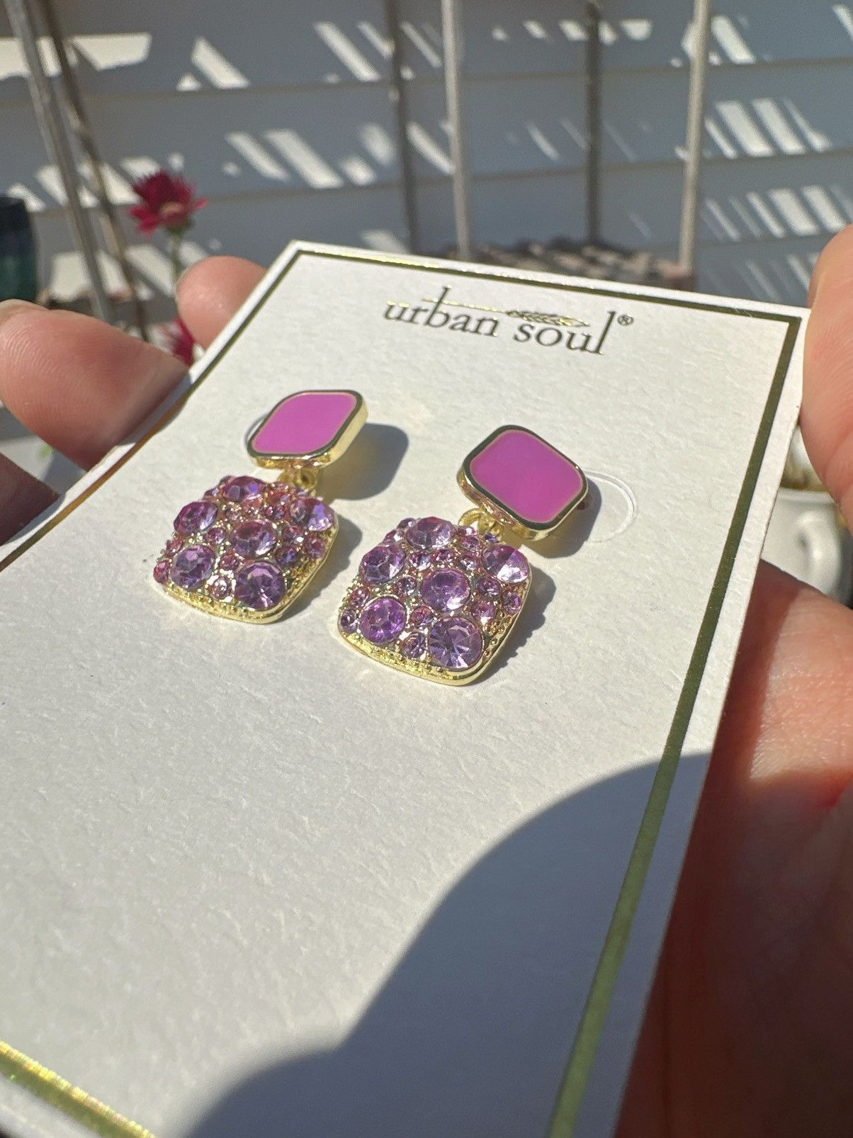 Designer Urban soul earrings gold tone pink purple square studs Size ONE SIZE - 2 Thumbnail