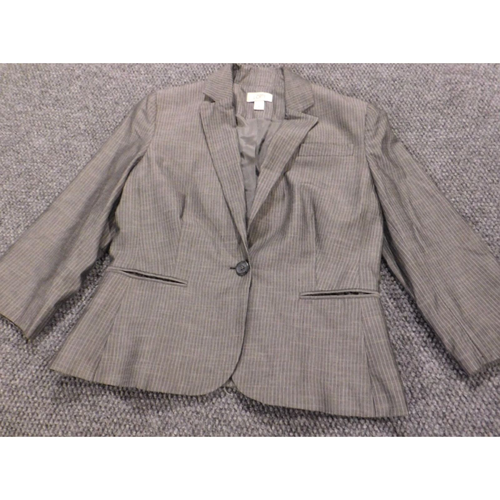 Ann Taylor Ann Taylor Loft Womens Blazer M Gray Striped Short Sleeve Knit Cotton Button Pockets Casual Modern - Size M / US 6-8 / IT 42-44 - 2 Thumbnail
