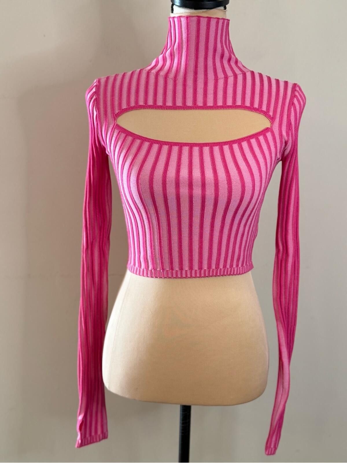 Other PrettyLittleThing crop pink stripe turtleneck with cutout XS Size XS / US 0-2 / IT 36-38 - 1 Thumbnail