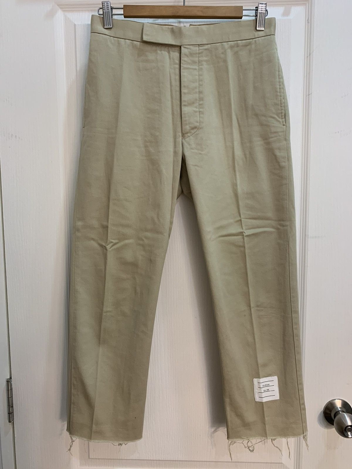 Image of Thom Browne Unconstructed Backstrap Cut Off Pants Trouser in Khaki, Men's (Size 30)