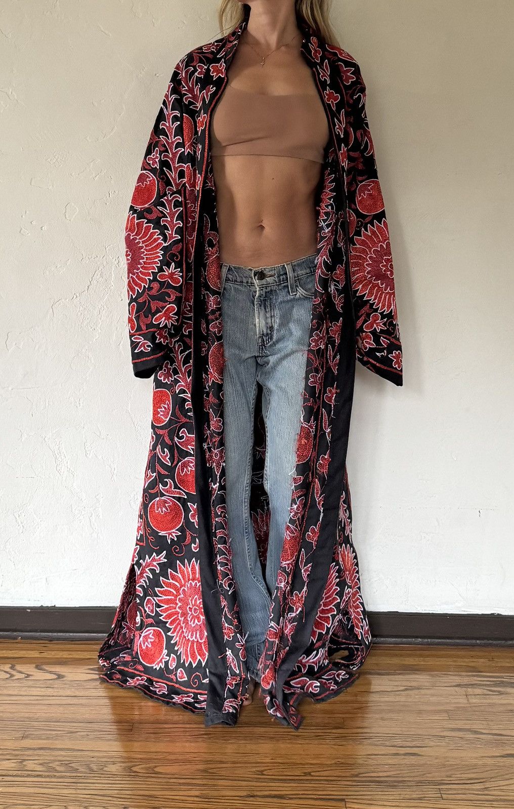 Handmade Turkish Red Black Handmade Embroidered Full Length Kaftan Size ONE SIZE - 9 Thumbnail