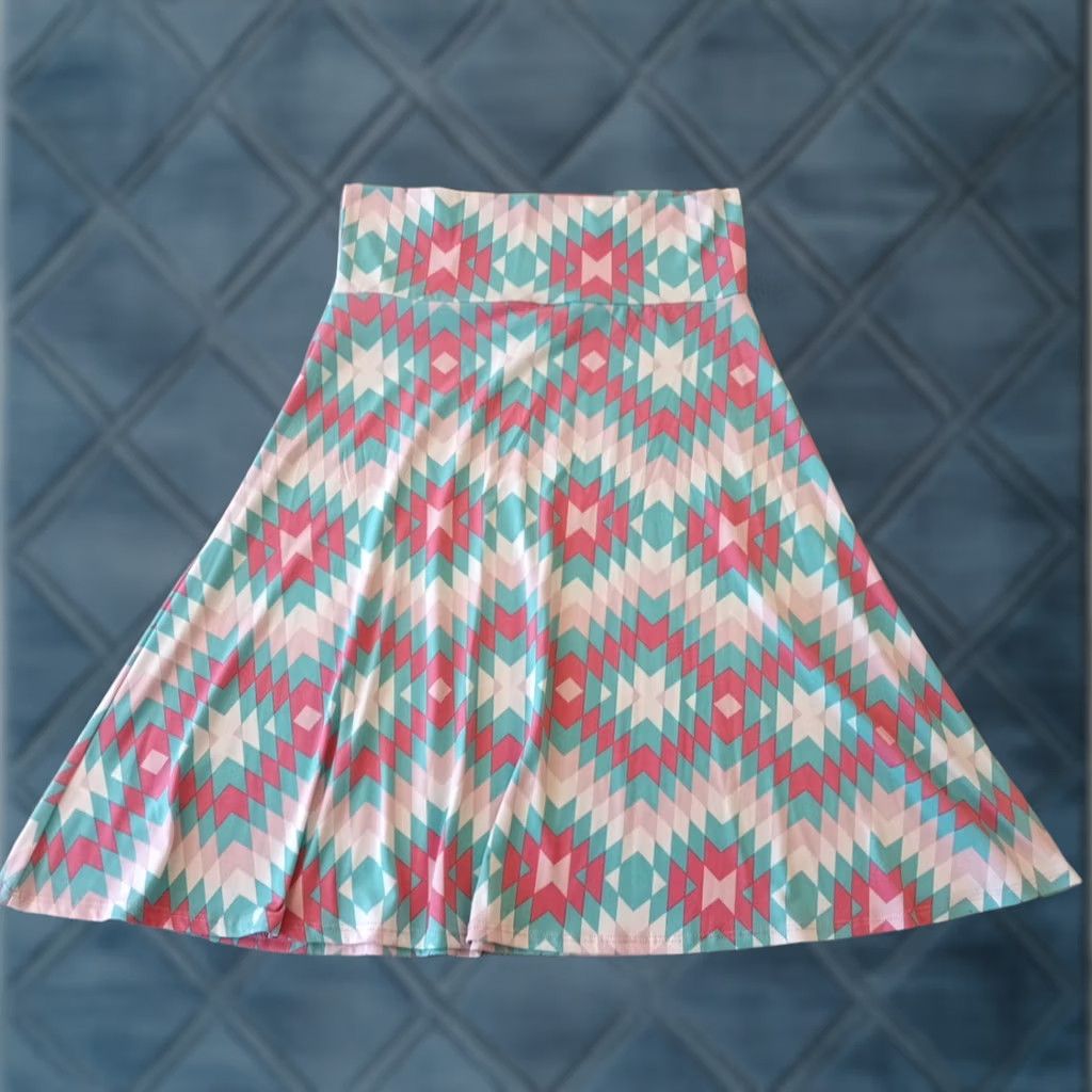 Vintage LuLaRoe Skirt Knee Length A-Line Blue Pink Geometric Pull On M Women's Medium Modern Geometric Pattern Size 32" / US 10 / IT 46 - 1 Thumbnail
