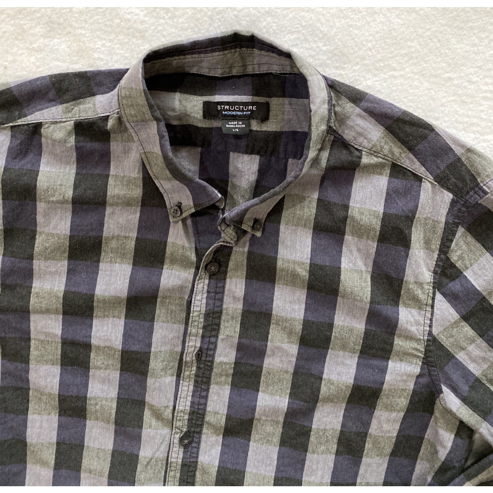 Vintage Structure Dress Shirt L Mens Regular Long Sleeve Gray Check Cotton Blend Size 42R - 3 Thumbnail
