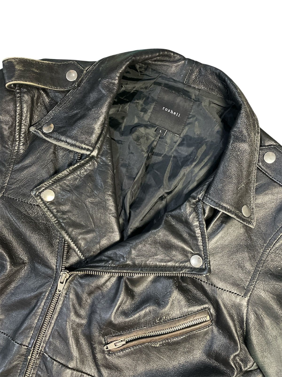 Japanese Brand 00s Roshell Sheepskins Leather Faded Biker Jacket Size US L / EU 52-54 / 3 - 3 Thumbnail