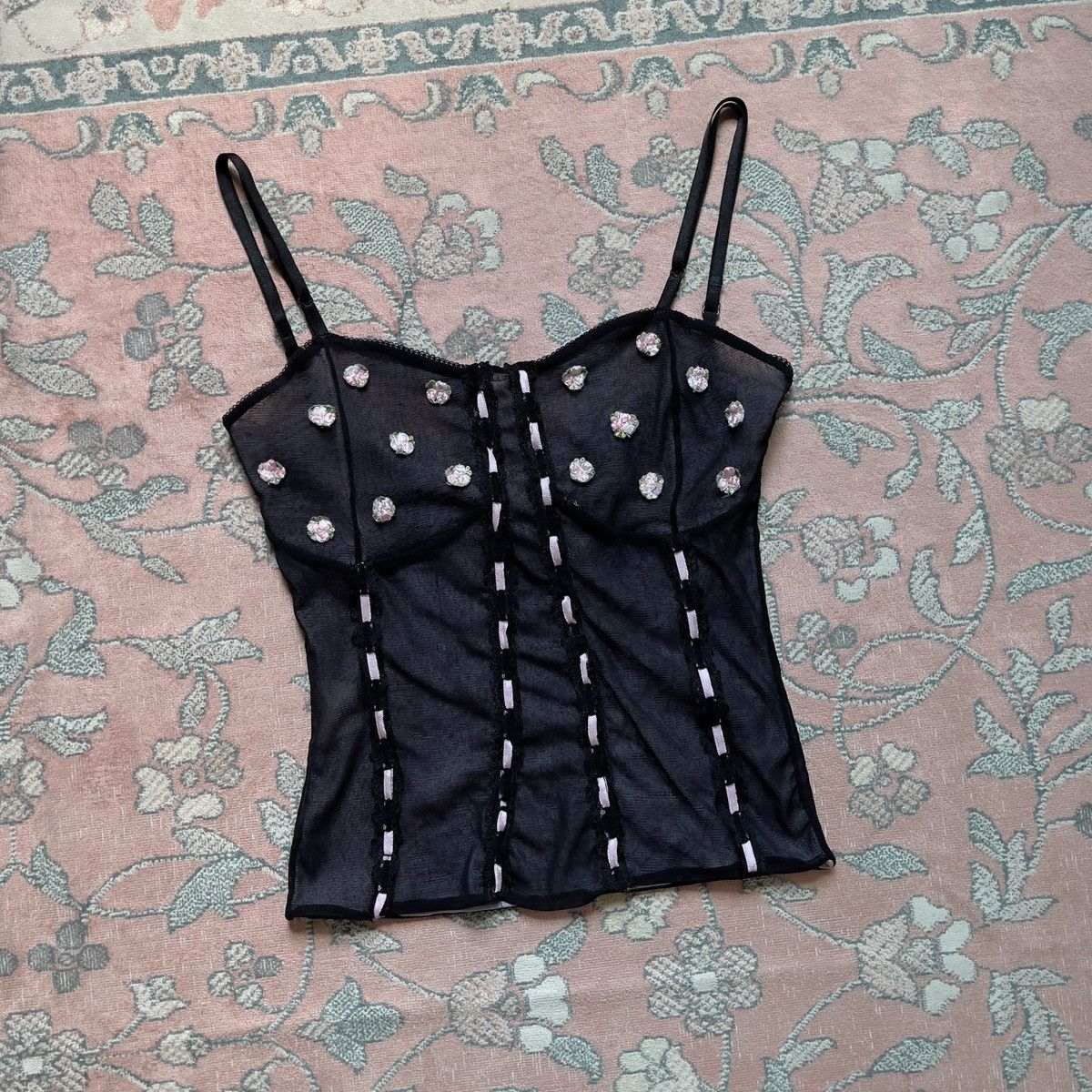 Vintage Vintage Black Floral Mesh Semi-Sheer Camisole (Small) Size S / US 4 / IT 40 - 1 Thumbnail
