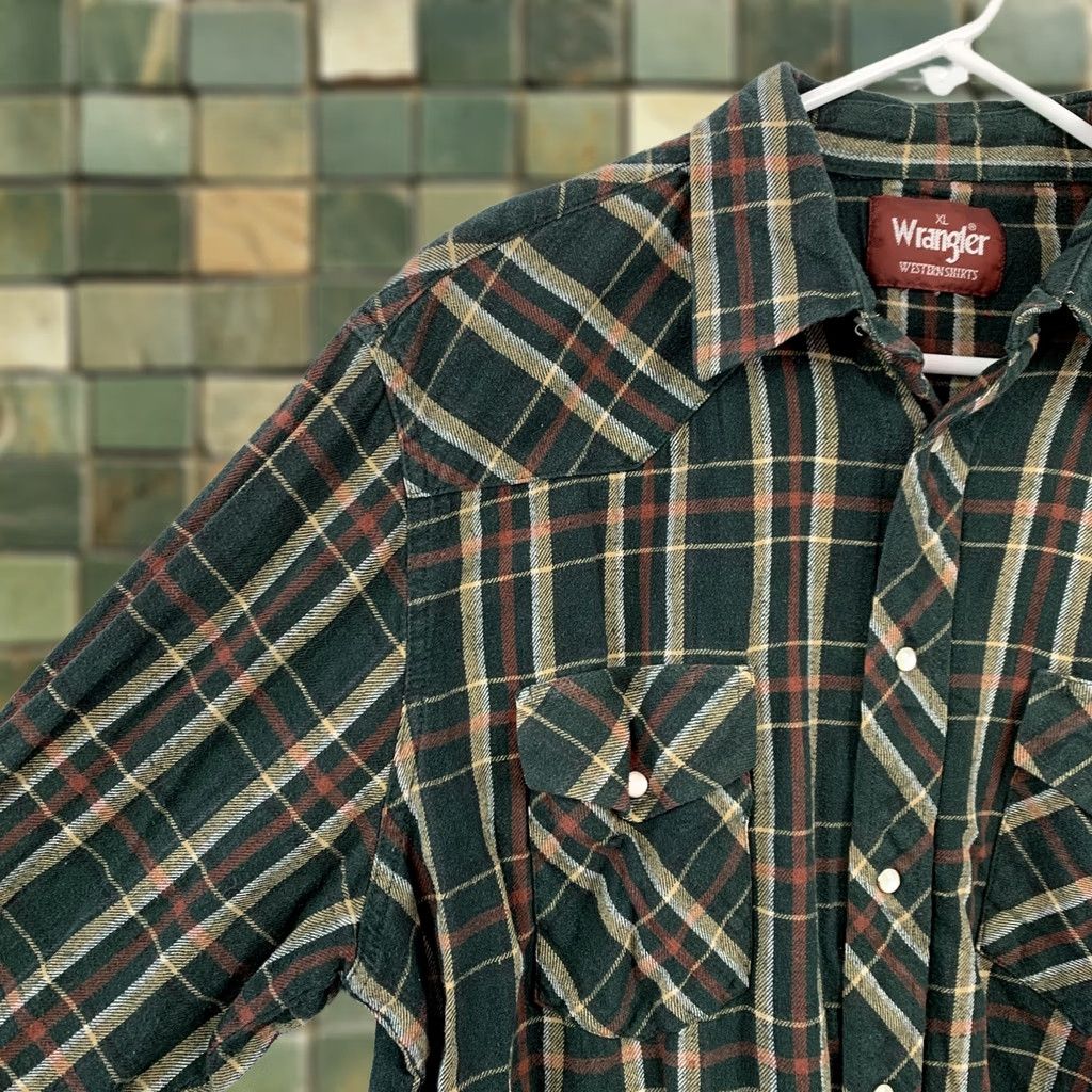 Wrangler VINTAGE Wrangler Western Shirts Plaid Flannel Shirt Long Sleeve Pearl Snap Mens XL Green Red Tan White Casual Button-Down Size US XL / EU 56 / 4 - 1 Thumbnail