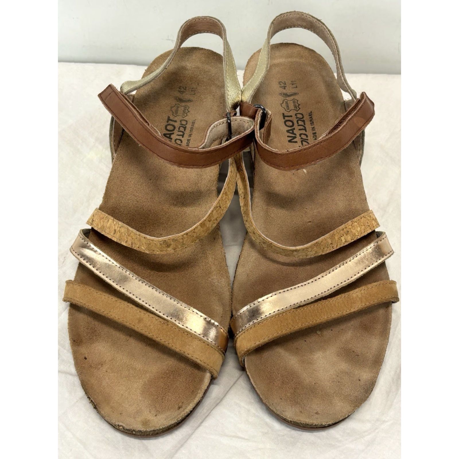 Vintage Naot Canaan Leather Ankle Strap Wedge Sandals Women Size 11 US 42 EU White Copper Silver Gold Size US 11 / IT 41 - 3 Thumbnail