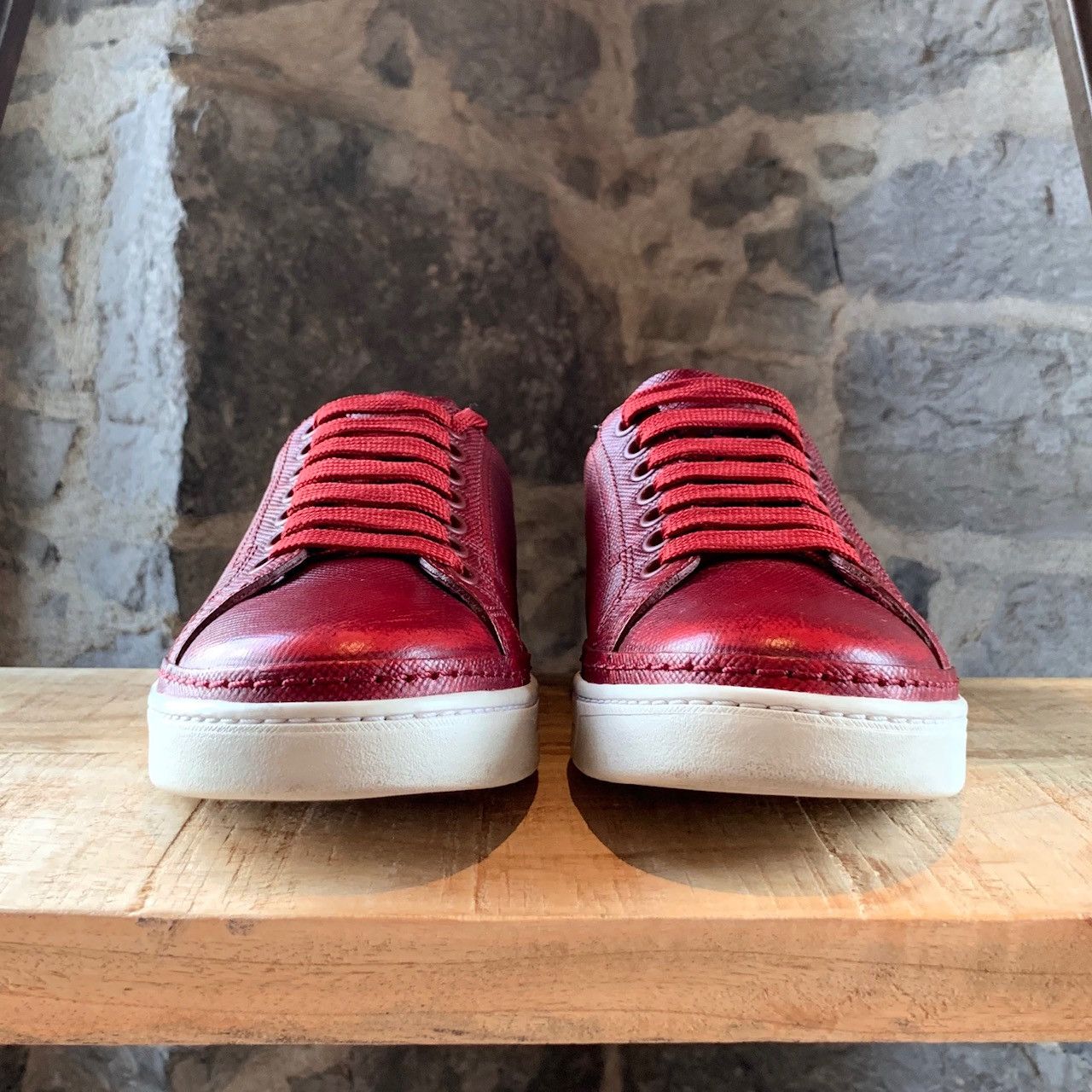 Prada Prada Saffiano Red Leather Low-Top Sneakers Size US 7 / EU 40 - 3 Thumbnail