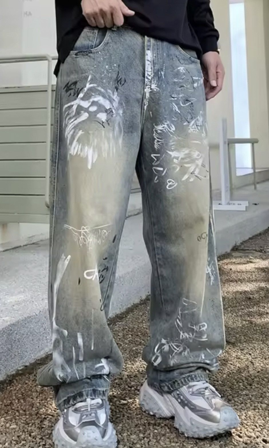 Jean Graffiti-Print Wide-Leg Denim Pants | Oversized Streetwear Size US 27 - 8 Thumbnail