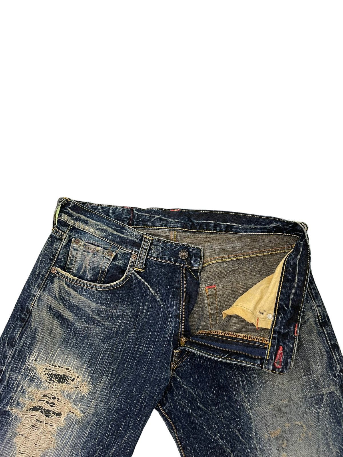 Edwin Distress Patchwork Edwin Japan Faded Acid Wash Loose 7🟦4 Size US 35 - 10 Thumbnail