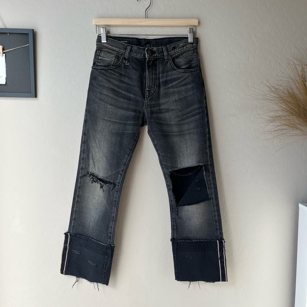 R13 Jeans Bowie Rips and Cuffs Niles Black Wide Leg Relaxed