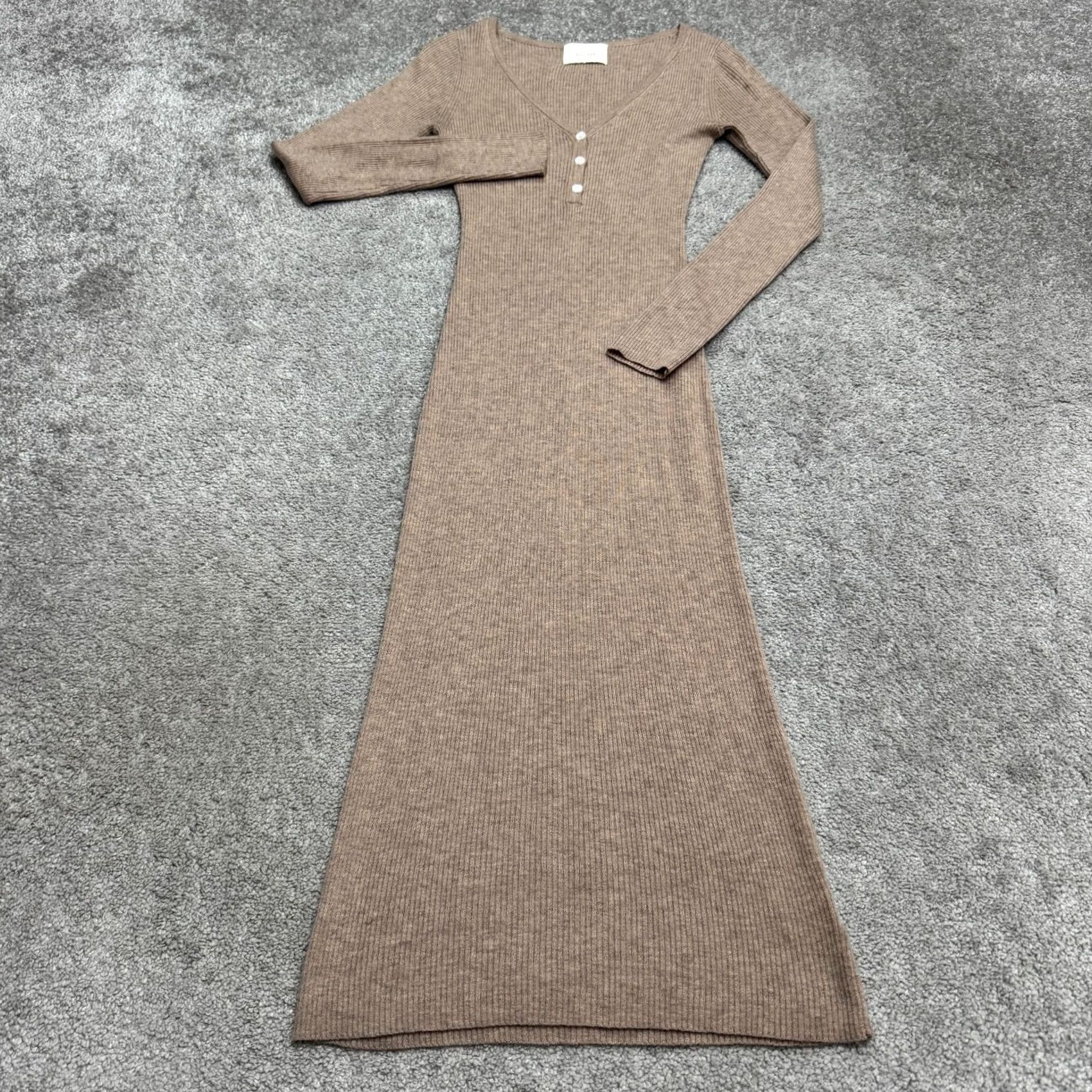 Vintage AllRow Knitted Henley Midi Sweater Dress Womens XS Taupe Brown Long Sleeve Wool Blend Size XS / US 0-2 / IT 36-38 - 2 Thumbnail