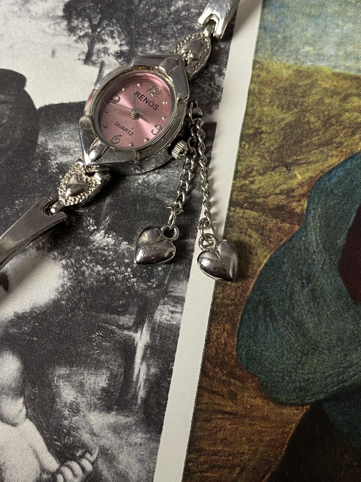 Hysteric Glamour Vintage RENOS Pink Dial Watch Heart Charms Silver Tone Size ONE SIZE - 2 Thumbnail