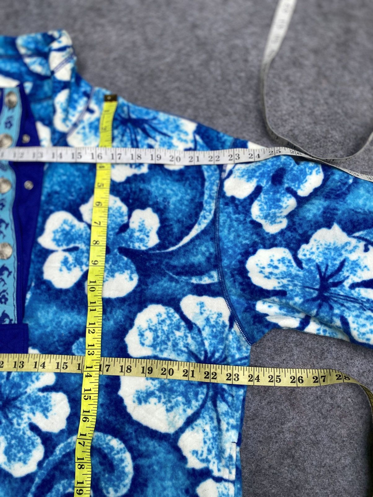 Vintage JOJO FIORE Blue Hibiscus Pattern Fleece Quarter-Snap Pullove Size US S / EU 44-46 / 1 - 18 Thumbnail
