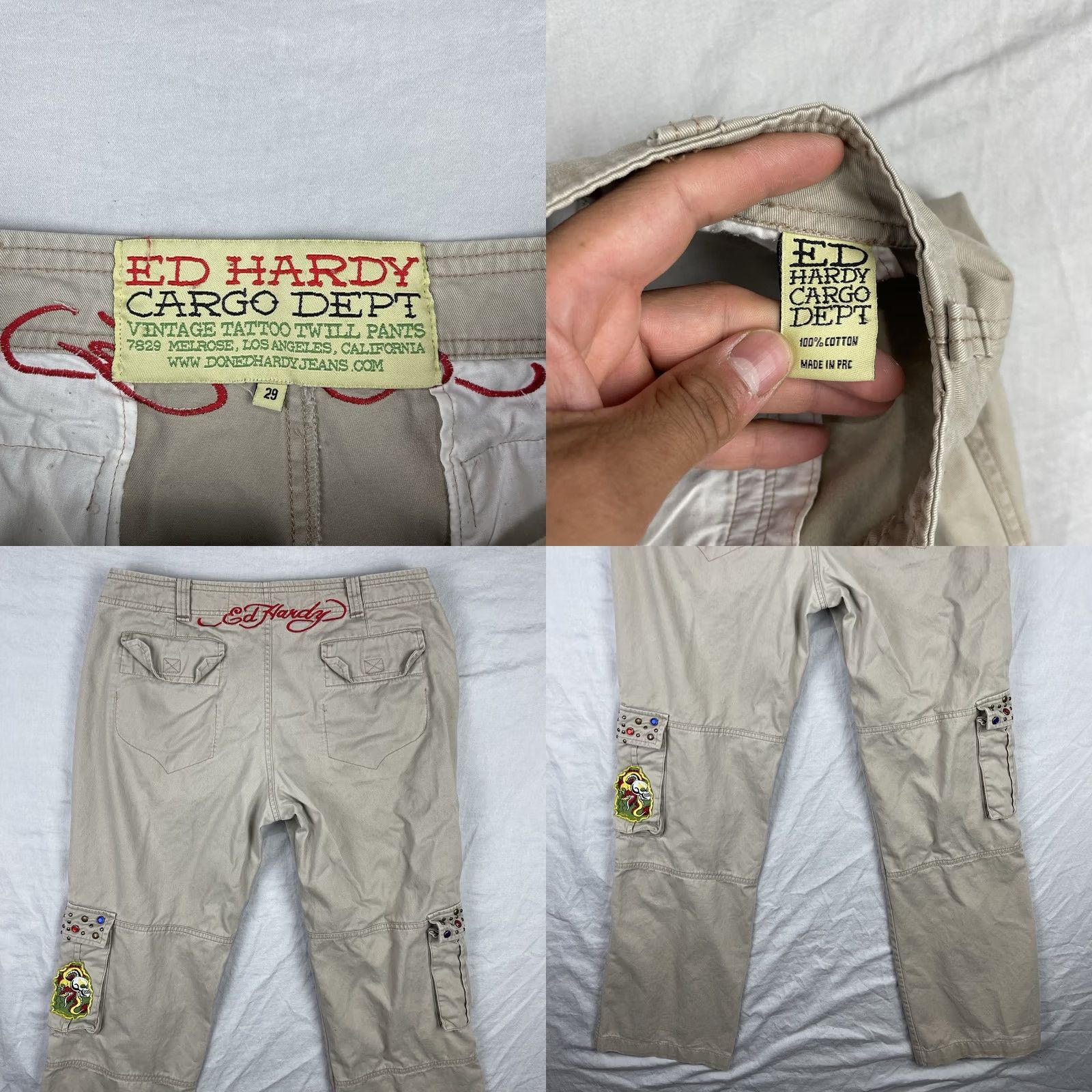 Ed Hardy VINTAGE Ed Hardy Cargo Pants Women 29 Paratrooper Y2K Patches Studded Rhinestone Pants Woman Beige 29 Cargo Size 29" - 9 Thumbnail